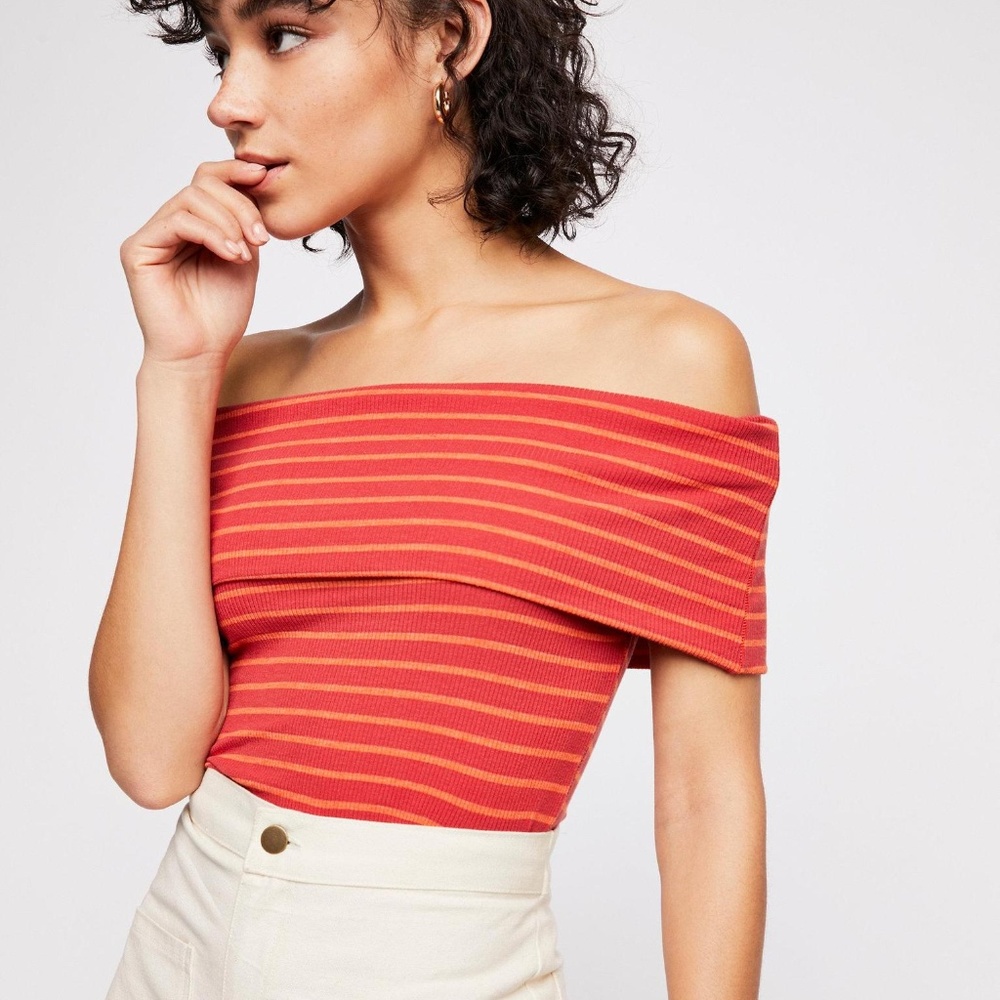 FREE PEOPLE Red Combo Off Shoulder Melbourne Tee